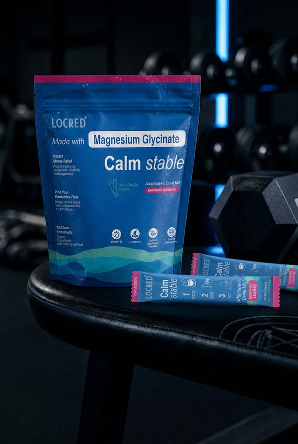 The Moons Calm bag and packets in a gym